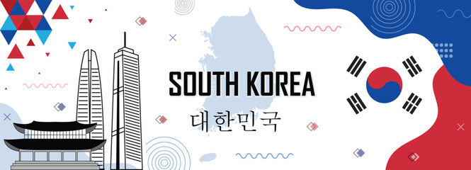 South Korea nation banner with flag colors, Seoul city view, geometric abstract design, famous landmarks, map in background, suitable for travel, tourism, celebrations and festivals