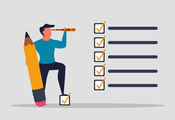 A man performs tasks, completing assignments to the end. List of cases or tasks, business project implementation. The man holds a pencil and marks the completed items of the task. Vector illustration