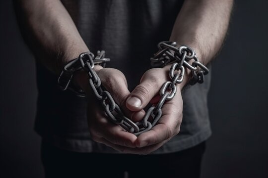 illustration, male hands with chain wrapped around prisoner concept, ai generative.