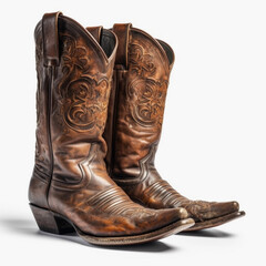 A pair of worn, authentic leather cowboy boots. generative AI
