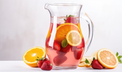 Fototapeta premium a pitcher filled with liquid surrounded by sliced oranges and strawberries. generative ai