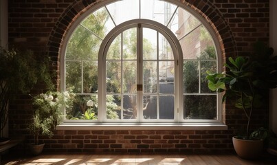  a large arched window in a brick wall with potted plants.  generative ai