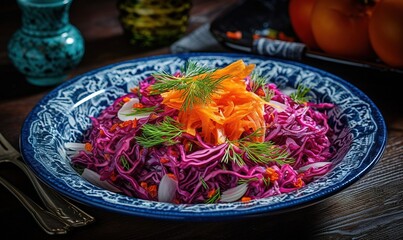  a blue and white bowl filled with a salad of cabbage and carrots.  generative ai