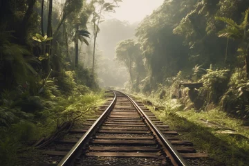 Naadloos Fotobehang Airtex Railroad tracks through green rainforest, travel and tourism by train © Artofinnovation