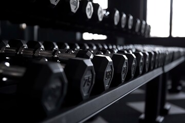 Fototapeta na wymiar illustration, black dumbbells in modern ai generative fitness room.