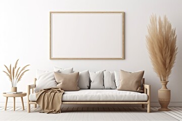 poster mockup with wooden frame in living room interior with sofa, beige pillow, dried Pampas grass on caned table and Japandi decor on empty wall background. 3D rendering,