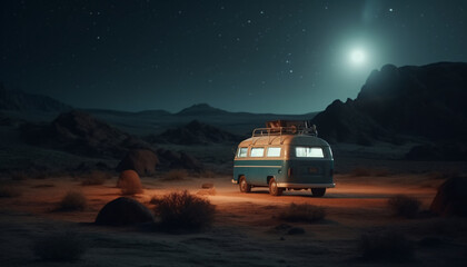 Fototapeta na wymiar Vintage van on a desert landscape at night against the background of a starry sky and moon, generated AI