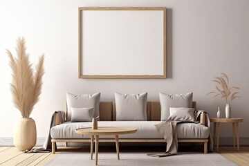 poster mockup with wooden frame in living room interior with sofa, beige pillow, dried Pampas grass on caned table and Japandi decor on empty wall background. 3D rendering,