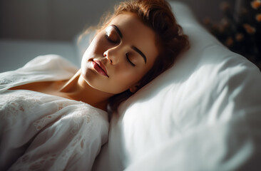 Young woman sleeping in the bed with her eyes closed, white sheets, and pillows, healthy sleep. Generative Ai. 
