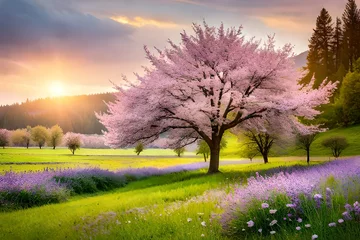 Fototapeten the beautiful field spring landscape with blooming trees with background wallpaper by Ai generative © Ai Beauty