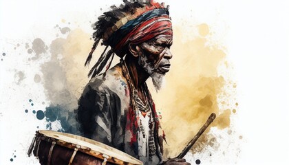 Fototapeta premium Portrait of an African drummer in watercolor style by Generative AI