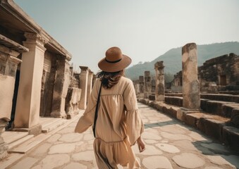Back view of a Woman with trendy summer hat walking in an Ancient City. Generative AI.