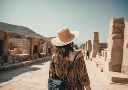 Back view of a Woman with trendy summer hat walking in an Ancient City. Generative AI.