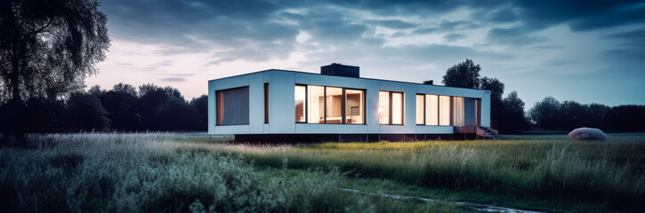 Fototapeta na wymiar Modern house at sunset, sunset house landscape, panorama, Bauhaus style. Share Prompt