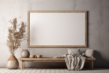 Horizontal wooden frame mockup with warm neutral wabi-sabi interior on concrete wall background. 3d rendering