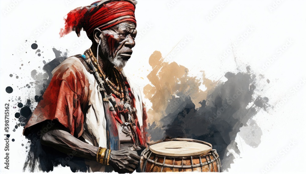 Wall mural Portrait of an African drummer in watercolor style by Generative AI