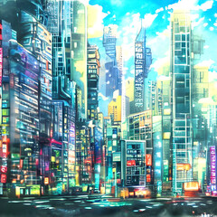 Fototapeta na wymiar Futuristic Metropolis with Neon Lights. A Stunning Anime Cityscape. Generative AI.