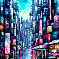 A Vibrant Anime Cityscape Bursting with Life and Energy. Generative AI.