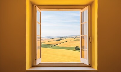  an open window with a view of a field of crops.  generative ai