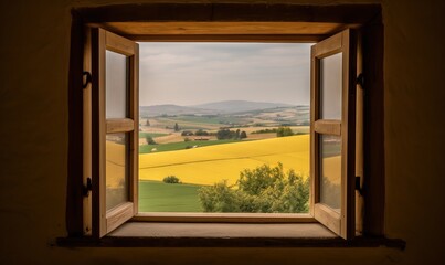  an open window with a view of a field of yellow flowers.  generative ai