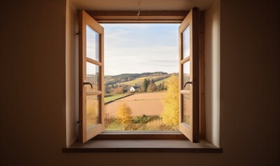  an open window with a view of a countryside outside of it.  generative ai