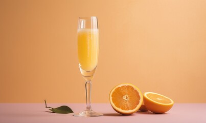  a glass of orange juice next to an orange slice on a table.  generative ai