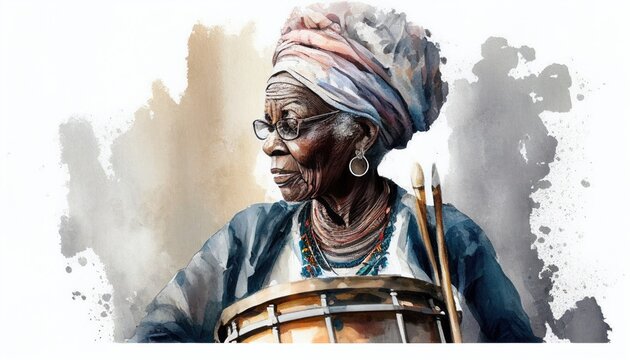 Portrait of an African drummer in watercolor style by Generative AI