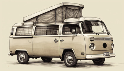 Vintage van with an tent awning for camping and travel on a light background, AI generated