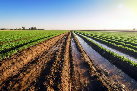 Green crop field full of water on a sunny day. Generative AI
