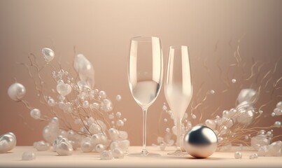  two champagne flutes and a christmas ornament on a table.  generative ai