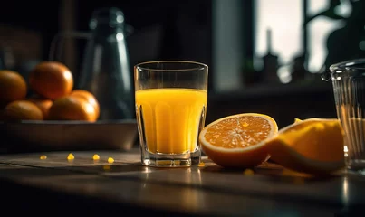   a glass of orange juice next to a half of an orange.  generative ai © Olga