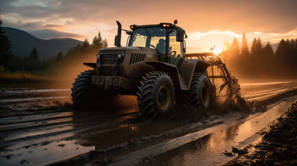 Dramatic Wide Angle Photo, Tractor Plowing Dirt Field, Stunning Sunset, Rainy Atmosphere, Captivating Agricultural Scene, Generative AI Illustration