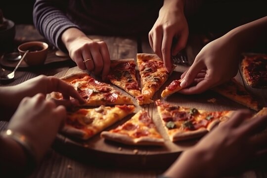 illustration, hands of people taking slices of pizza, ai generative
