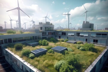 Obraz premium Green roofs in eco buildings with solar panels and wind turbines. Generative AI illustration