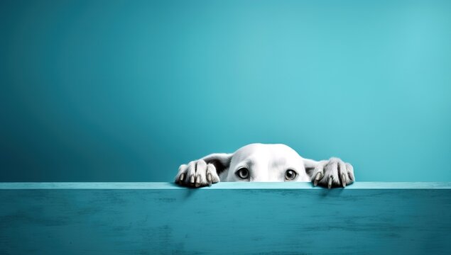 Sneaky dog hiding behind light blue wall with copy space for text or advertisement. Generative AI