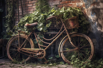 Fototapeta na wymiar A rusted bicycle leaning against a decaying brick wall. generative AI