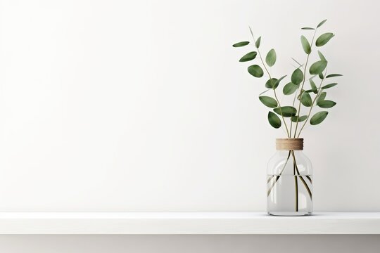 Interior wall mockup with green eucalyptus branch in bottle standing on the shelf on empty white background with free space. 3D rendering