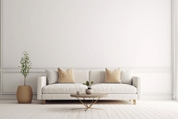 Interior wall mockup with sofa and beige pillows on empty white living room background. 3D rendering