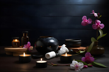 Obraz na płótnie Canvas Beautiful spa composition on dark background. Natural skincare cosmetic products. AI generated