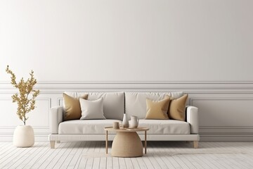 Interior wall mockup with sofa and beige pillows on empty white living room background. 3D rendering