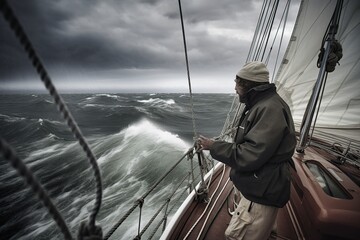 illustration, a lone sailor in treacherous water, ai generative - obrazy, fototapety, plakaty