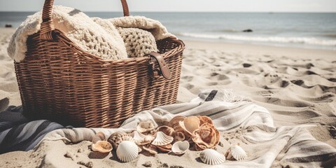 Picnic basket with sea shells, beach towels, umbrella and plastic bag on the beach, concept of Beach essentials, created with Generative AI technology Generative AI