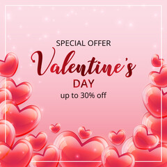 Valentine's Day special offer 30% off poster or banner with many glass hearts on pink background.