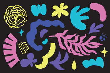 Set of Hand drawn various Shapes and Doodle objects silhouettes on black. Abstract contemporary modern trendy Vector illustrations. Colorful palette. All elements are isolated