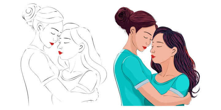 Lesbian couple flat design illustration. Portrait of two beautiful girls in an intimate abstraction. Interacial women with romantic same sex partner are flirting, hugging, kissing. LGBTQ relationship