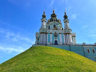 Ukraine Kyiv church Saint Andrew's on the hill against sky. 
