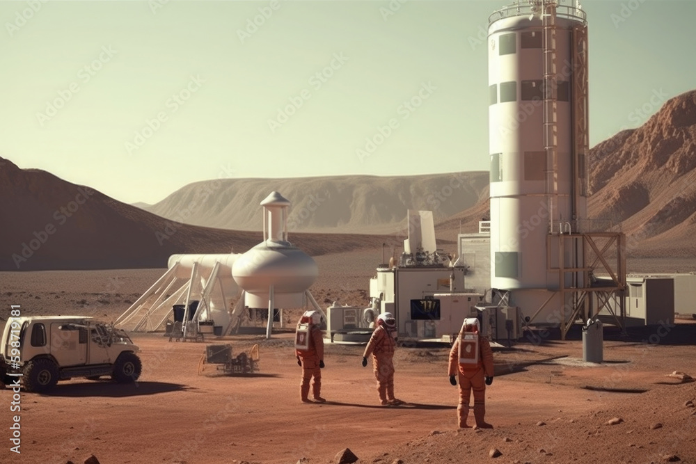 Poster astronauts wearing space suits walking on red planet, standing near base for colonization. martian c