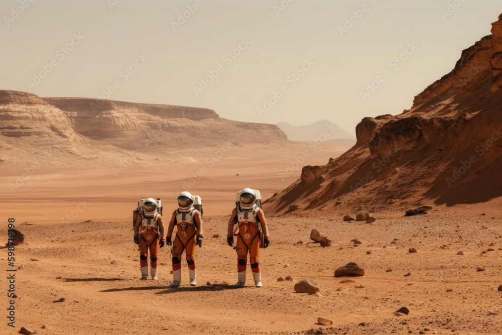 Wall mural astronauts wearing space suits walking on red planet. martian colony. mars colonization. created wit