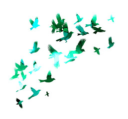A flock of green watercolor flying birds. Vector illustration