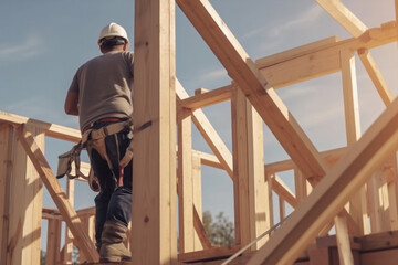 Naklejka na ściany i meble New house under construction. Builder worker at construction site with wooden frame with truss, post and beams. Manufacture of houses made of wood. Created with Generative AI